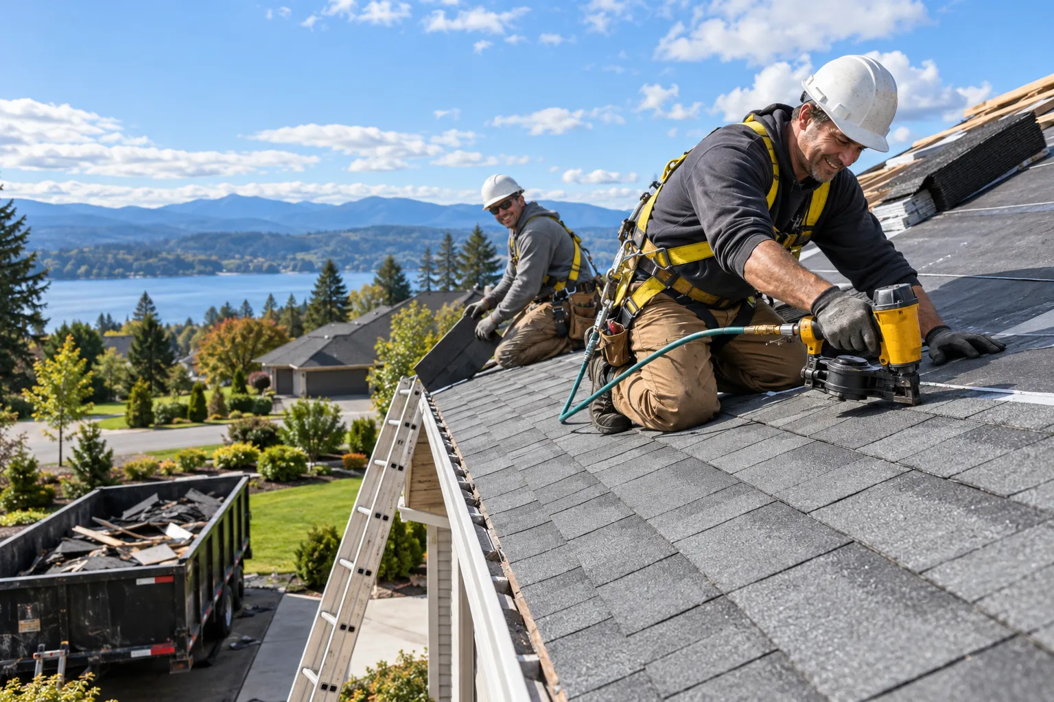 A local roofing provider laying new shingles on a home roof in the St. Michael area