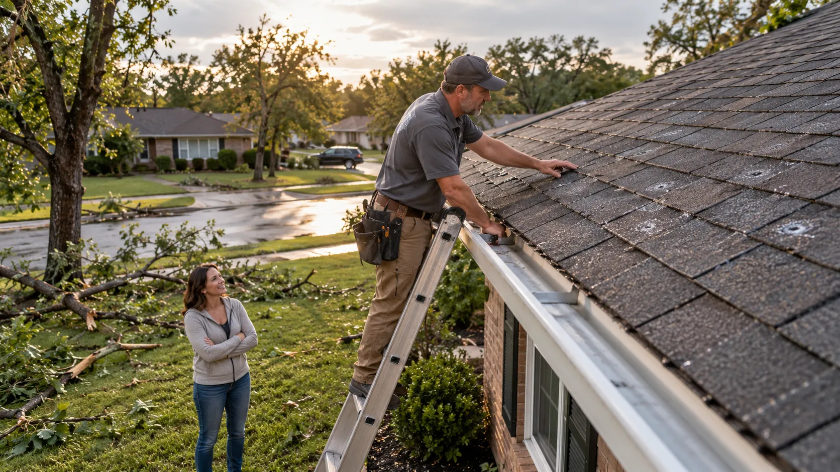 Home in the St. Michael area with a roof being checked after a hailstorm